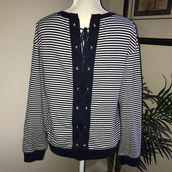 Halogen Navy Stripe Lace Up Back Long Sleeve Top M - Picture 5 of 6